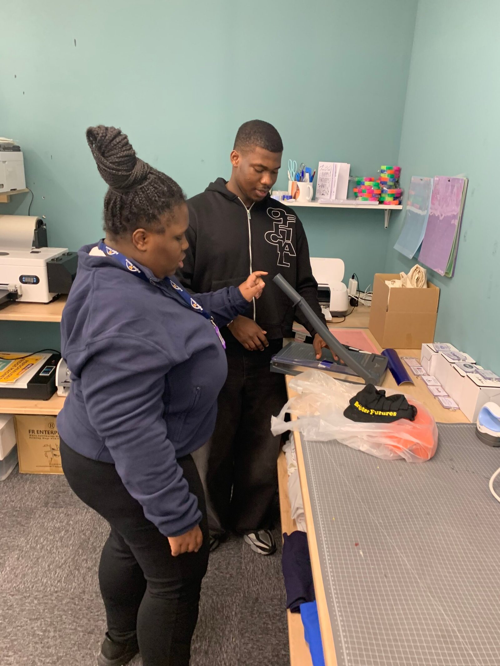 Learners working at AblePrint, the student-led print studio at Brighter Futures